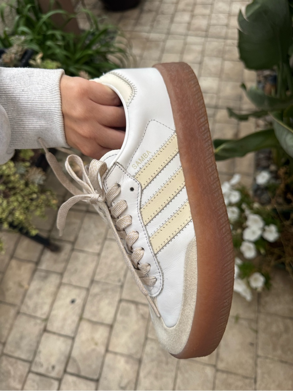 Adidas Sambae Platform Sneaker with White Upper and Cream Stripes, Gum Sole - Picture 5 of 6